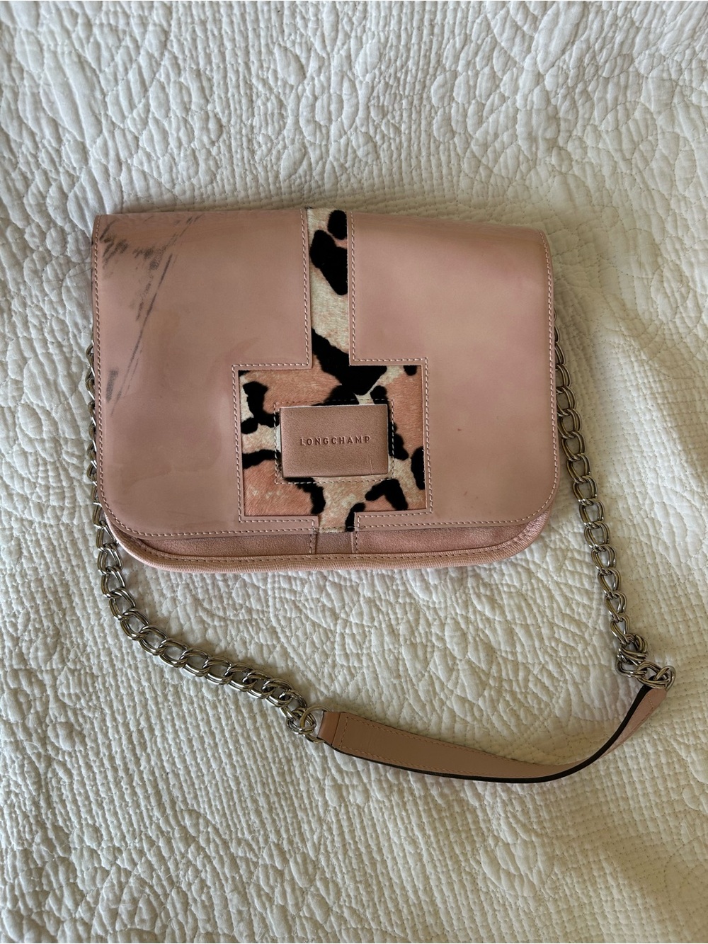 Longchamp Blush Pink Patent Leather and Suede Crossbody with calf hair accent
